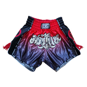 BLACK RED TASSLES MUAY THAI SHORTS