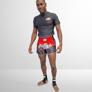 BLACK RED TASSLES MUAY THAI SHORTS