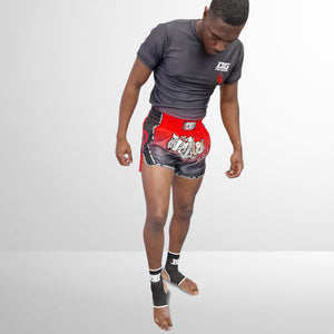 BLACK RED TASSLES MUAY THAI SHORTS