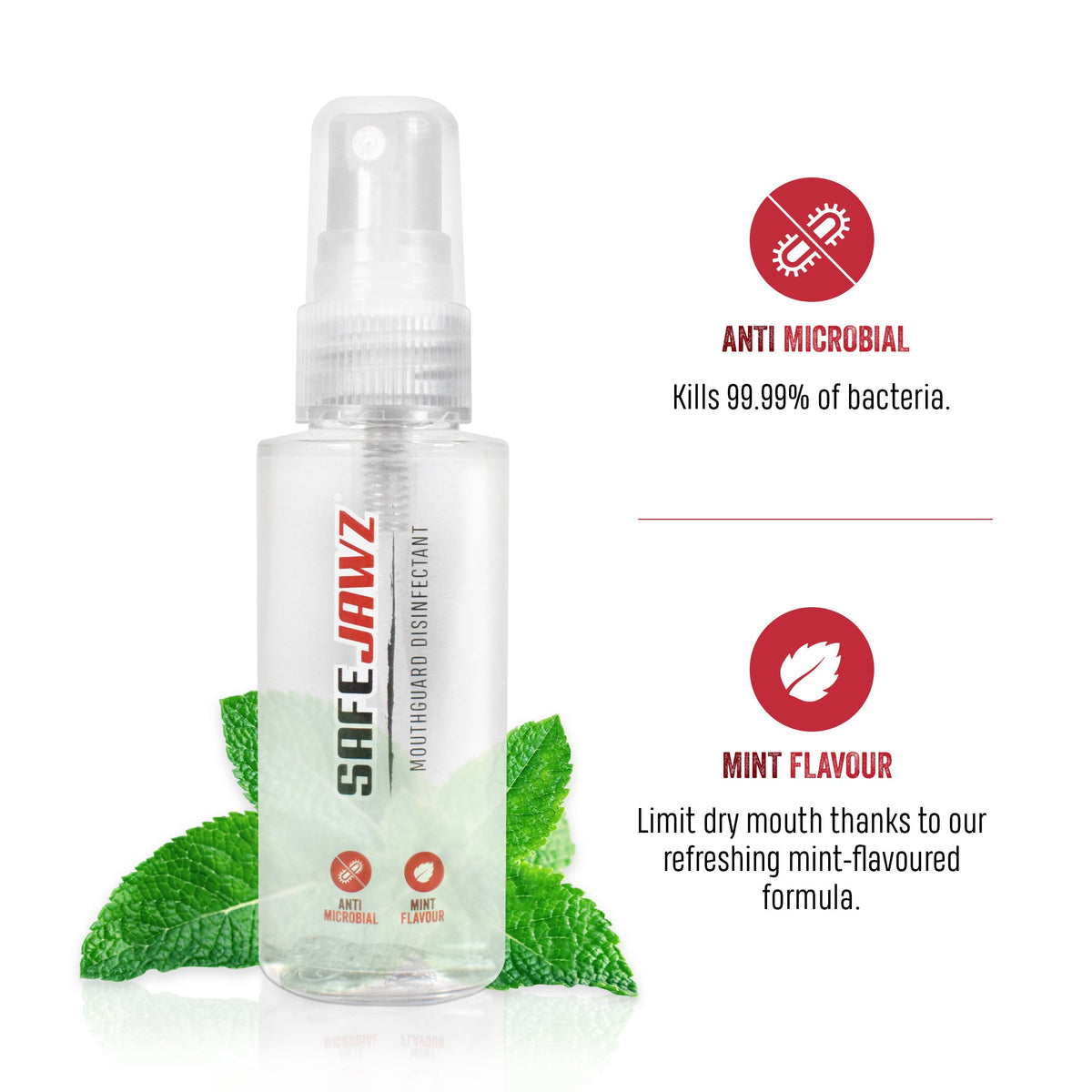 SAFEJAWZ MOUTHGUARD ANTI-MICROBIAL GUM SHIELD CLEANER DISINFECTANT SPRAY 50ml - DUO GEAR UK