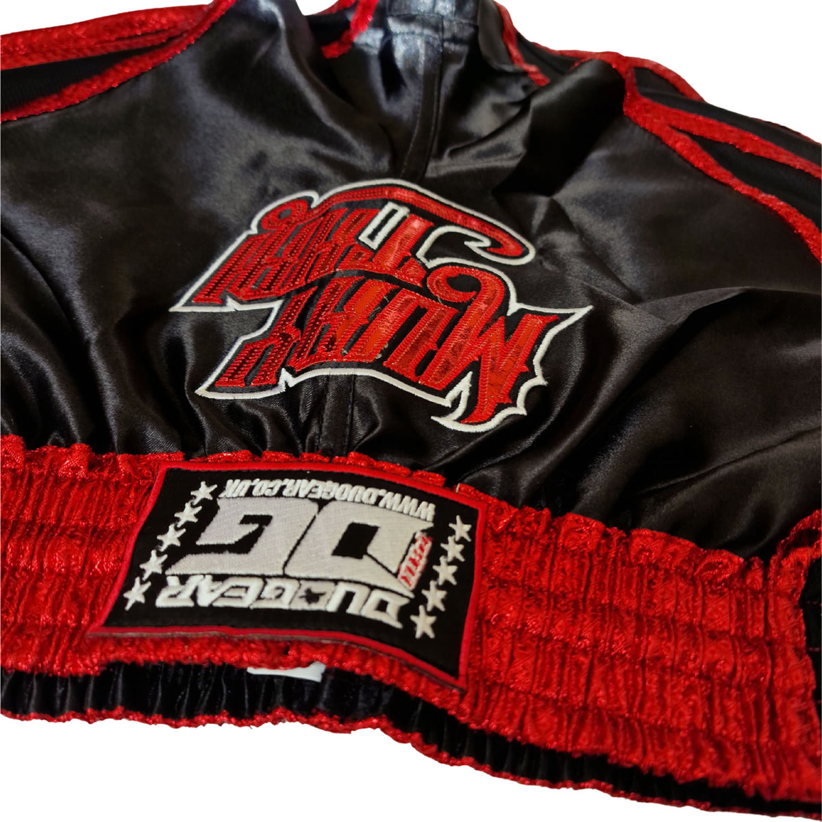 DUO GEAR | Muay Thai Shorts | BLACK RED RETRO 22 MUAY THAI SHORTS