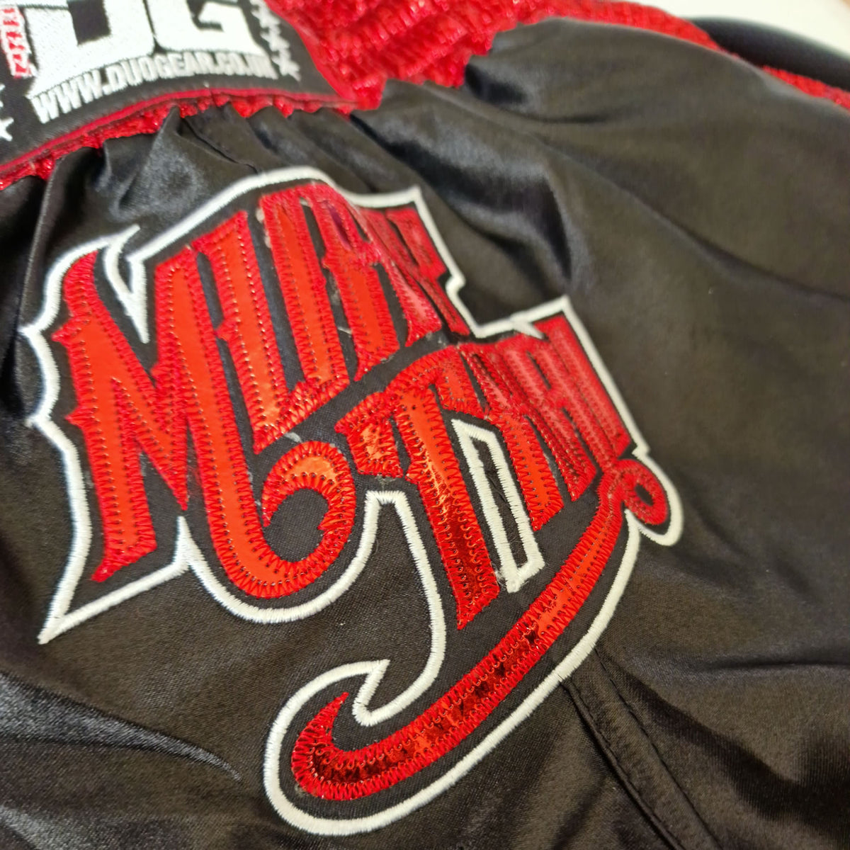DUO GEAR | Muay Thai Shorts | BLACK RED RETRO 22 MUAY THAI SHORTS