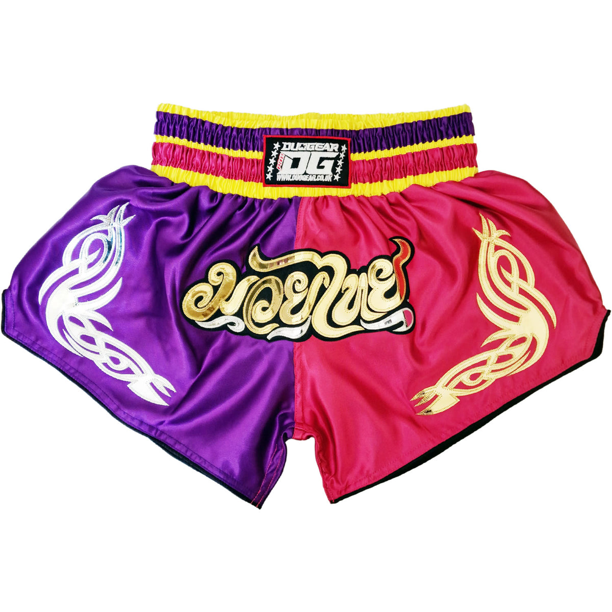 DUO GEAR | Muay Thai Shorts | HOT PINK AND PURPLE SPLITZ MUAY THAI SHORTS